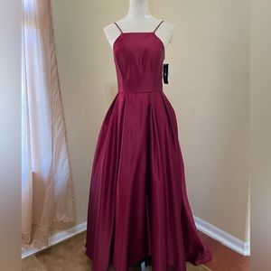 Betsy & Adam Gorgeous maroon high low ball gown